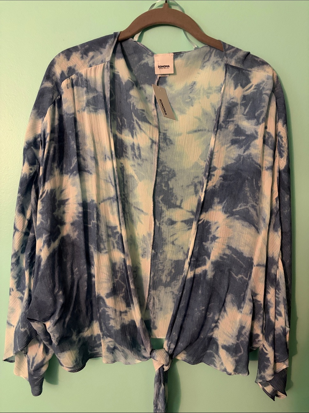 Sonoma Blue & White Tie-Dye Open Front Tie-Hem Cardigan